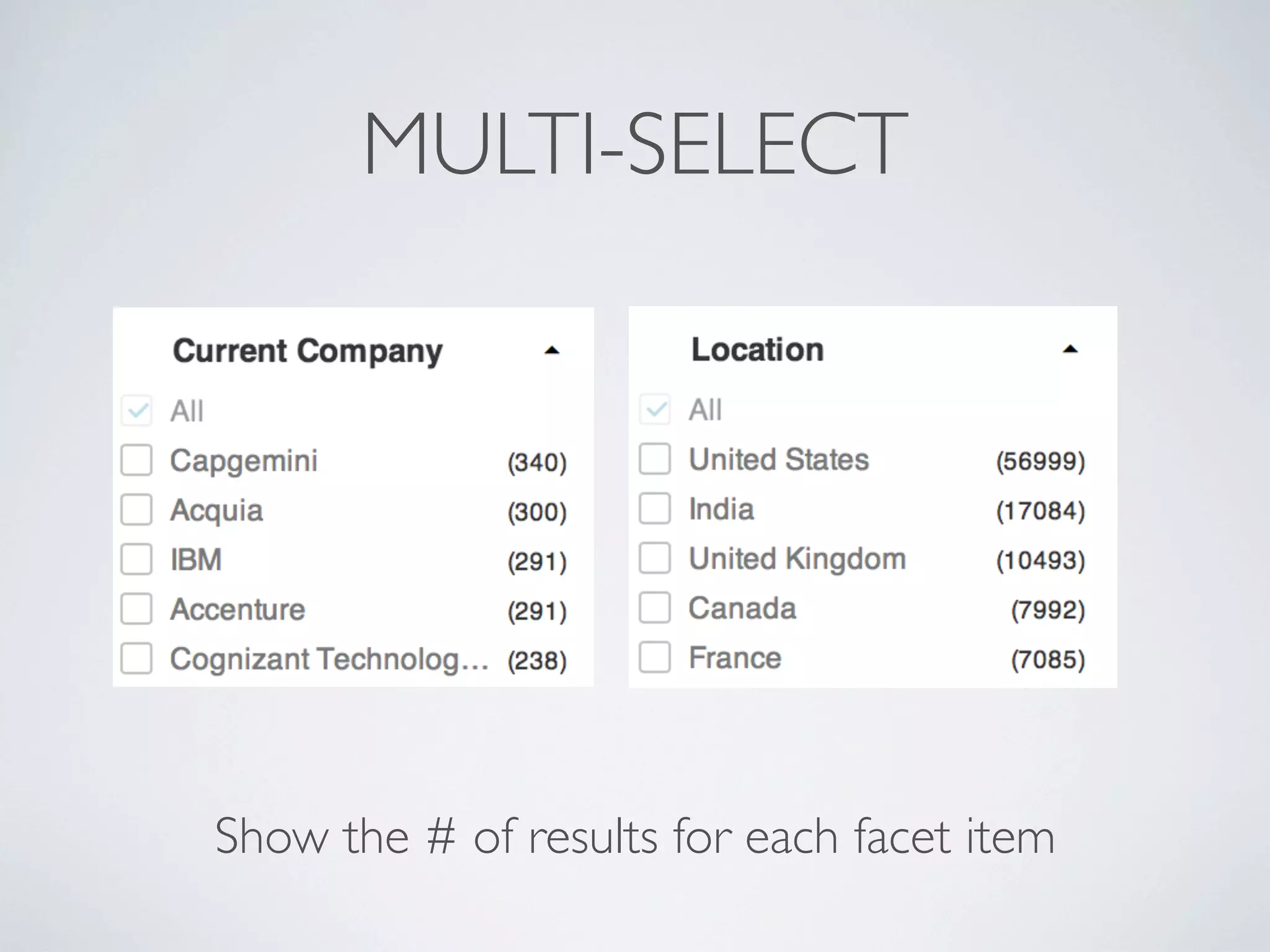MULTI-SELECT
Show the # of results for each facet item
 