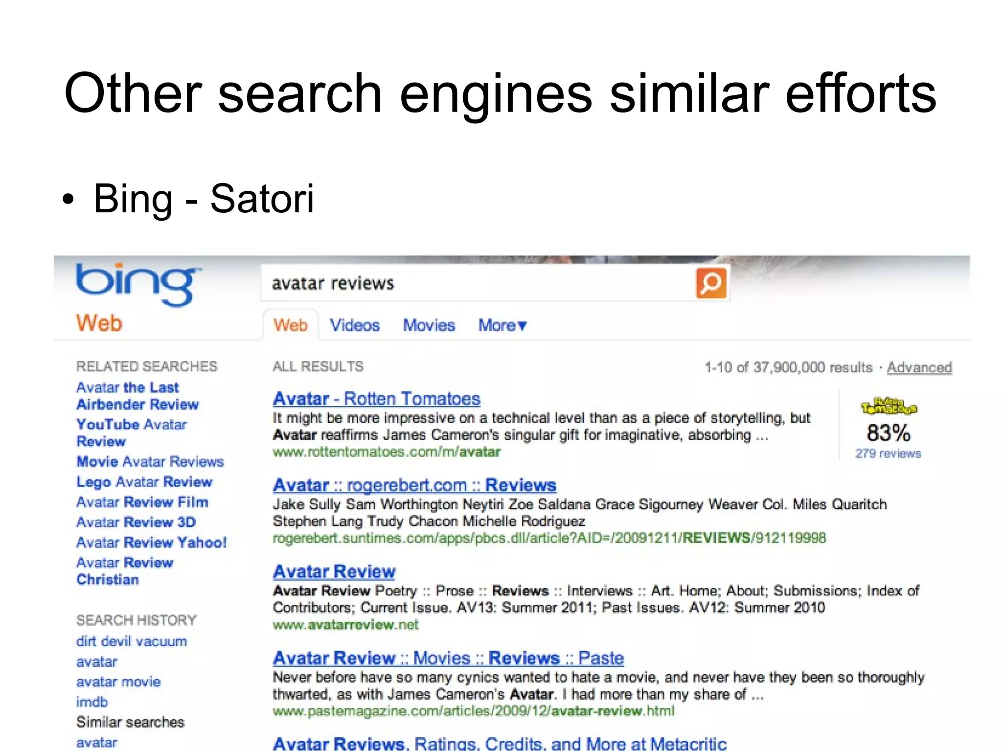 Other search engines similar efforts
●

Bing - Satori

 