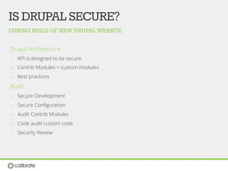 ISDRUPALSECURE?
Drupal Architecture
-  API is designed to be secure
-  Contrib Modules > custom modules
-  Best practices
Build
-  Secure Development
-  Secure Conﬁguration
-  Audit Contrib Modules
-  Code audit custom code
-  Security Review
DURING BUILD OF NEW DRUPAL WEBSITE
 