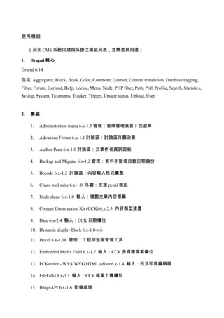 使用模組

     （列出 CMS 系統內建與外掛之模組列表，並簡述其用途）

1.   Drupal 核心

Drupal 6.14

包括: Aggregator, Block, Book, Color, Comment, Contact, Content translation, Database logging,
Filter, Forum, Garland, Help, Locale, Menu, Node, PHP filter, Path, Poll, Profile, Search, Statistics,
Syslog, System, Taxonomy, Tracker, Trigger, Update status, Upload, User


2.   模組

     1.   Administration menu 6.x-1.5 管理：後端管理頁首下拉選單

     2.   Advanced Forum 6.x-1.1 討論區：討論區外觀改善

     3.   Author Pane 6.x-1.0 討論區：文章作者資訊面板

     4.   Backup and Migrate 6.x-1.2 管理：資料手動或自動定期備份

     5.   Bbcode 6.x-1.2 討論區：內容輸入格式彙整

     6.   Chaos tool suite 6.x-1.0 外觀：支援 penal 模組

     7.   Node clone 6.x-1.0 輸入：複製文章內容標籤

     8.   Content Construction Kit (CCK) 6.x-2.5 內容類型建置

     9.   Date 6.x-2.4 輸入：CCK 日期欄位

     10. Dynamic display block 6.x-1.0-rc6

     11. Devel 6.x-1.18 管理：工程師進階管理工具

     12. Embedded Media Field 6.x-1.7 輸入：CCK 多媒體檔案欄位

     13. FCKeditor - WYSIWYG HTML editor 6.x-1.4 輸入：所見即得編輯器

     14. FileField 6.x-3.1 輸入：CCK 檔案上傳欄位

     15. ImageAPI 6.x-1.6 影像處理
 