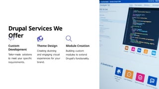Drupal Services We
Offer
Custom
Development
Tailor-made solutions
to meet your specific
requirements.
Theme Design
Creating stunning
and engaging visual
experiences for your
brand.
Module Creation
Building custom
modules to extend
Drupal's functionality.
 