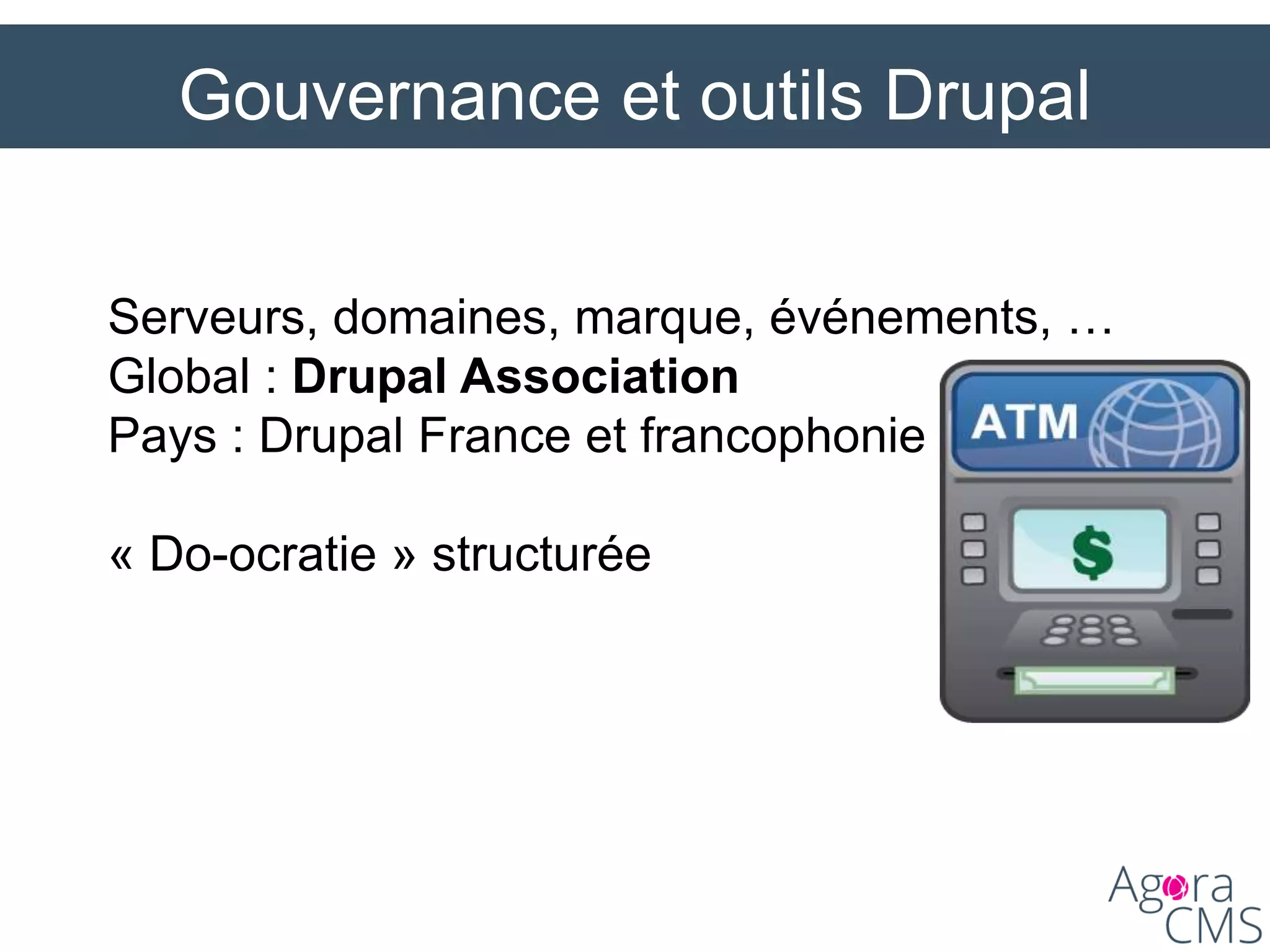 Gouvernance et outils Drupal
Serveurs, domaines, marque, événements, …
Global : Drupal Association
Pays : Drupal France et francophonie
« Do-ocratie » structurée
 