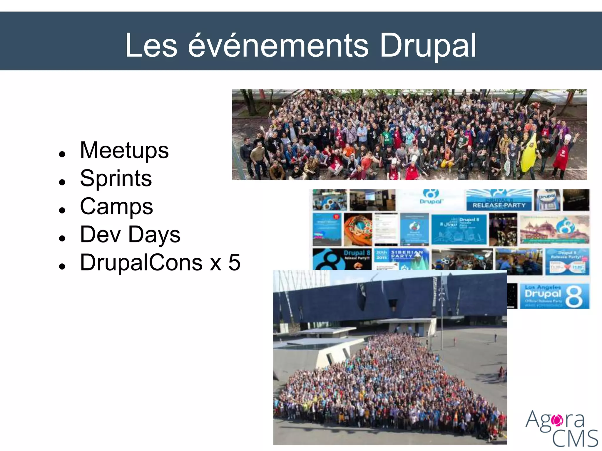 Les événements Drupal
 Meetups
 Sprints
 Camps
 Dev Days
 DrupalCons x 5
 