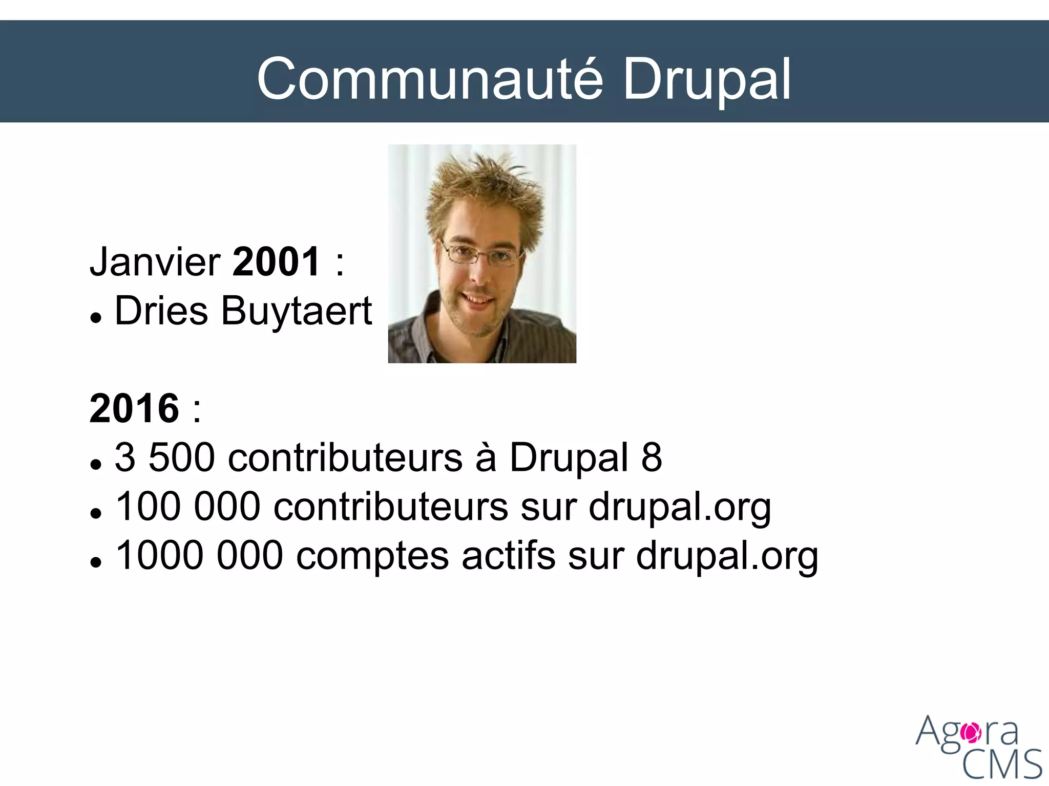 Communauté Drupal
Janvier 2001 :
 Dries Buytaert
2016 :
 3 500 contributeurs à Drupal 8
 100 000 contributeurs sur drupal.org
 1000 000 comptes actifs sur drupal.org
 