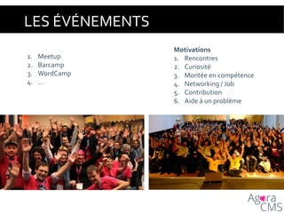 LES ÉVÉNEMENTS
1. Meetup
2. Barcamp
3. WordCamp
4. …
Motivations
1. Rencontres
2. Curiosité
3. Montée en compétence
4. Networking / Job
5. Contribution
6. Aide à un problème
 