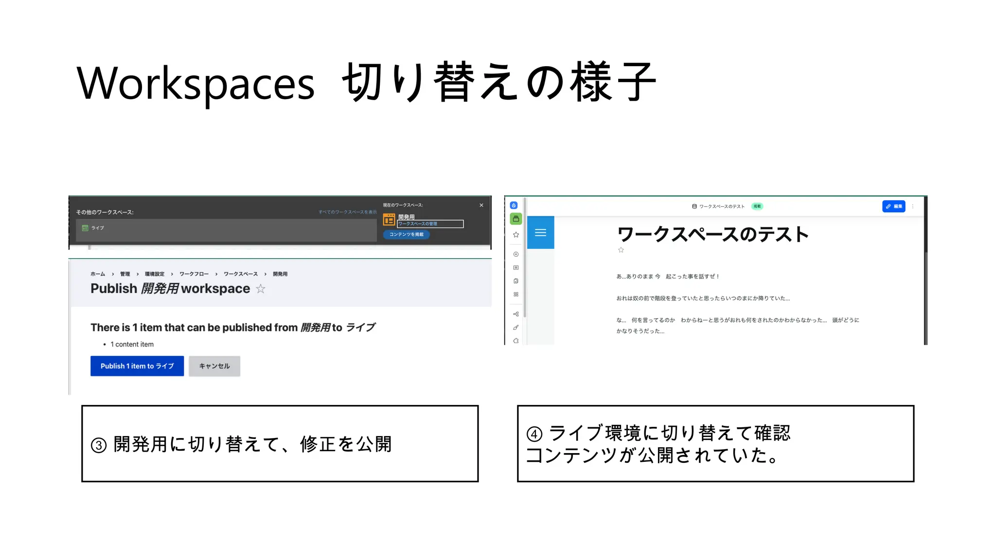 Workspaces 切り替えの様子
③ 開発用に切り替えて、修正を公開
④ ライブ環境に切り替えて確認
コンテンツが公開されていた。
 