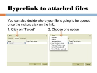 Hyperlink to attached files
You can also decide where your file is going to be opened
once the visitors click on the link....