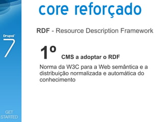 core reforçado
RDF - Resource Description Framework


1º      CMS a adoptar o RDF
Norma da W3C para a Web semântica e a
distribuição normalizada e automática do
conhecimento
 