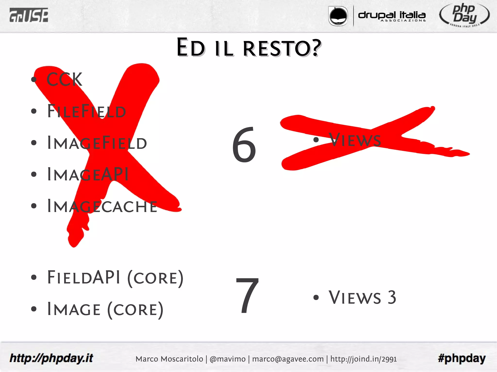Ed il resto?
●   CCK
●   FileField
●


●
    ImageField
    ImageAPI
                                        6                     ●   Views


●   Imagecache


    FieldAPI (core)
                                         7
●

                                                              ●   Views 3
●   Image (core)

                Marco Moscaritolo | @mavimo | marco@agavee.com | http://joind.in/2991
 