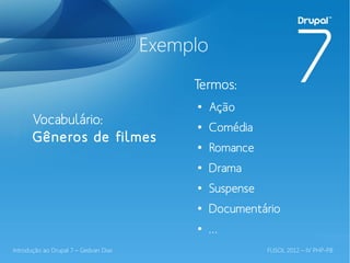 Exemplo
                                            Termos:
                                            ●
                                                 Ação
       Vocabulário:                         ●
                                                 Comédia
       Gêneros de filmes
                                            ●
                                                 Romance
                                            ●
                                                 Drama
                                            ●
                                                 Suspense
                                            ●
                                                 Documentário
                                            ●    …
Introdução ao Drupal 7 – Gedvan Dias                        FLISOL 2012 – IV PHP-PB
 