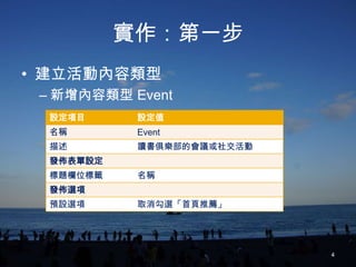 實作：第一步
• 建立活動內容類型
 – 新增內容類型 Event
  設定項目      設定值
  名稱        Event
  描述        讀書俱樂部的會議或社交活動
  發佈表單設定
  標題欄位標籤    名稱
  發佈選項
  預設選項      取消勾選「首頁推薦」




                            4
 
