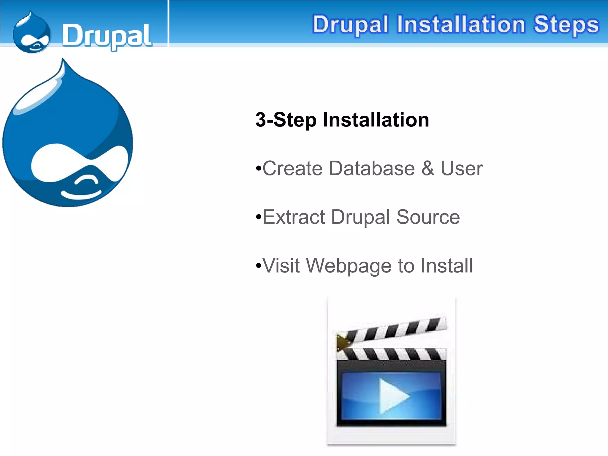 3-Step Installation
•Create Database & User
•Extract Drupal Source
•Visit Webpage to Install
 