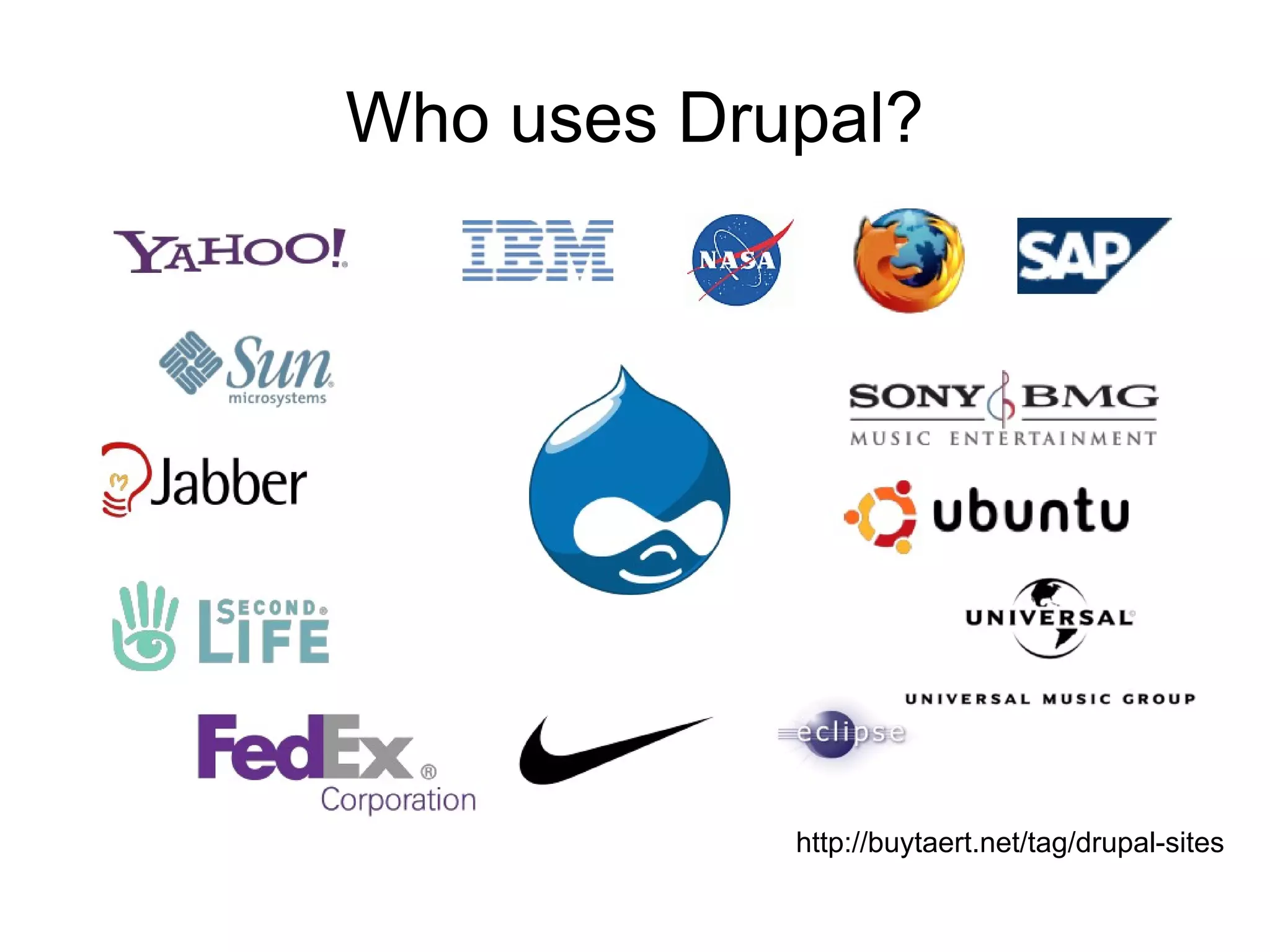 Who uses Drupal?




            http://buytaert.net/tag/drupal-sites
 