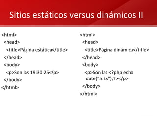 Sitios estáticos versus dinámicos II <html> <head> <title>Página estática</title> </head> <body> <p>Son las 19:30:25</p> </body> </html> <html> <head> <title>Página dinámica</title> </head> <body> <p>Son las <?php echo date("h:i:s");?></p> </body> </html> 