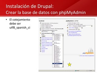 Instalación de Drupal:  Crear la base de datos con phpMyAdmin El cotejamiento debe ser utf8_spanish_ci 