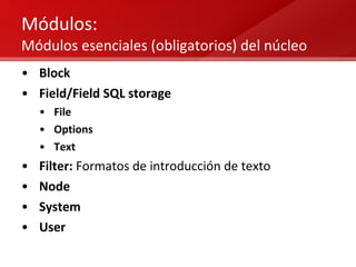 Módulos:  Módulos esenciales (obligatorios) del núcleo Block Field/Field SQL storage File Options Text Filter:  Formatos de introducción de texto Node System User 