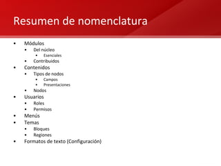 Resumen de nomenclatura Módulos Del núcleo Esenciales Contribuidos Contenidos Tipos de nodos Campos Presentaciones Nodos Usuarios Roles Permisos Menús Temas Bloques Regiones Formatos de texto (Configuración) 