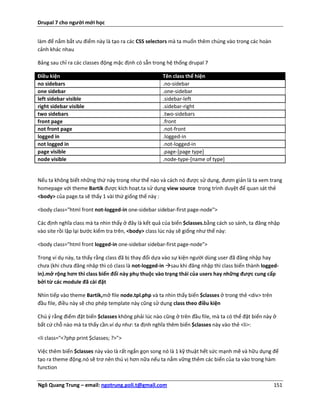 Drupal 7 cho người mới học


làm để nắm bắt ưu điểm này là tạo ra các CSS selectors mà ta muốn thêm chúng vào trong các hoàn
cảnh khác nhau

Bảng sau chỉ ra các classes động mặc định có sẵn trong hệ thống drupal 7

Điều kiện                                            Tên class thể hiện
no sidebars                                          .no-sidebar
one sidebar                                          .one-sidebar
left sidebar visible                                 .sidebar-left
right sidebar visible                                .sidebar-right
two sidebars                                         .two-sidebars
front page                                           .front
not front page                                       .not-front
logged in                                            .logged-in
not logged in                                        .not-logged-in
page visible                                         .page-[page type]
node visible                                         .node-type-[name of type]


Nếu ta không biết những thứ này trong như thế nào và cách nó được sử dụng, đươn giản là ta xem trang
homepage với theme Bartik được kích hoạt.ta sử dụng view source trong trình duyệt để quan sát thẻ
<body> của page.ta sẽ thấy 1 vài thứ giống thế này :

<body class="html front not-logged-in one-sidebar sidebar-first page-node">

Các định nghĩa class mà ta nhìn thấy ở đây là kết quả của biến $classes.bằng cách so sánh, ta đăng nhập
vào site rồi lập lại bước kiểm tra trên, <body> class lúc này sẽ giống như thế này:

<body class="html front logged-in one-sidebar sidebar-first page-node">

Trong ví dụ này, ta thấy rằng class đã bị thay đổi dựa vào sự kiện người dùng user đã đăng nhập hay
chưa (khi chưa đăng nhâp thì có class là not-logged-in sau khi đăng nhập thì class biến thành logged-
in).mở rộng hơn thì class biến đổi này phụ thuộc vào trạng thái của users hay những được cung cấp
bởi từ các module đã cài đặt

Nhìn tiếp vào theme Bartik,mở file node.tpl.php và ta nhìn thấy biến $classes ở trong thẻ <div> trên
đầu file, điều này sẽ cho phép template này cũng sử dụng class theo điều kiện

Chú ý rằng điểm đặt biến $classes không phải lúc nào cũng ở trên đầu file, mà ta có thể đặt biến này ở
bất cứ chỗ nào mà ta thấy cần.ví dụ như: ta định nghĩa thêm biến $classes này vào thẻ <li>:

<li class="<?php print $classes; ?>">

Việc thêm biến $classes này vào là rất ngắn gọn song nó là 1 kỹ thuật hết sức mạnh mẽ và hữu dụng để
tạo ra theme động.nó sẽ trơ nên thú vị hơn nữa nếu ta nắm vững thêm các biến của ta vào trong hàm
function


Ngô Quang Trung – email: ngotrung.poli.t@gmail.com                                                     151
 