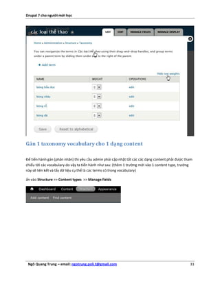 Drupal 7 cho người mới học




Gán 1 taxonomy vocabulary cho 1 dạng content

Để tiến hành gán (phân nhãn) thì yêu cầu admin phải cập nhật tất các các dạng content phải được tham
chiếu tới các vocabulary.do vậy ta tiến hành như sau: (thêm 1 trường mới vào 1 content type, trường
này sẽ liên kết và lấy dữ liệu cụ thể là các terms có trong vocabulary)

ấn vào Structure >> Content types >> Manage fields




 Ngô Quang Trung – email: ngotrung.poli.t@gmail.com                                               33
 
