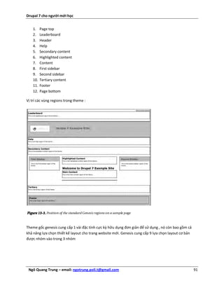 Drupal 7 cho người mới học


    1.    Page top
    2.    Leaderboard
    3.    Header
    4.    Help
    5.    Secondary content
    6.    Highlighted content
    7.    Content
    8.    First sidebar
    9.    Second sidebar
    10.   Tertiary content
    11.   Footer
    12.   Page bottom

Vị trí các vùng regions trong theme :




Theme gốc genesis cung cấp 1 vài đặc tính cực kỳ hữu dụng đơn giản để sử dụng , nó còn bao gồm cả
khả năng lựa chọn thiết kế layout cho trang website mới. Genesis cung cấp 9 lựa chọn layout cơ bản
được nhóm vào trong 3 nhóm




 Ngô Quang Trung – email: ngotrung.poli.t@gmail.com                                                  91
 