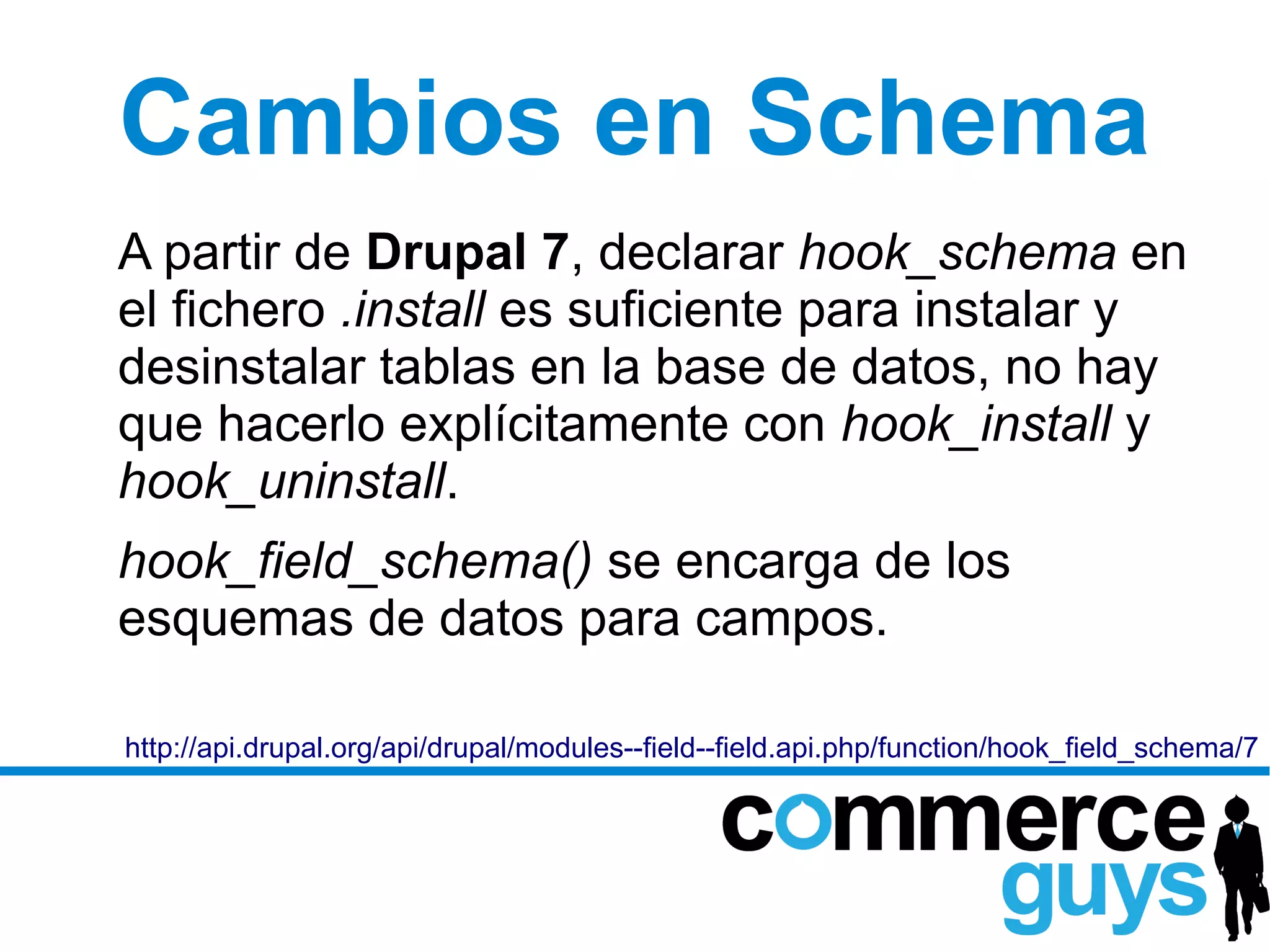 Cambios en Schema
A partir de Drupal 7, declarar hook_schema en
el fichero .install es suficiente para instalar y
desinstalar tablas en la base de datos, no hay
que hacerlo explícitamente con hook_install y
hook_uninstall.
hook_field_schema() se encarga de los
esquemas de datos para campos.

http://api.drupal.org/api/drupal/modules--field--field.api.php/function/hook_field_schema/7
 