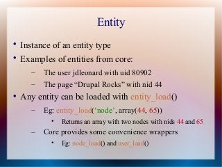 Entity

    Instance of an entity type

    Examples of entities from core:
       –   The user jdleonard with uid 80902...