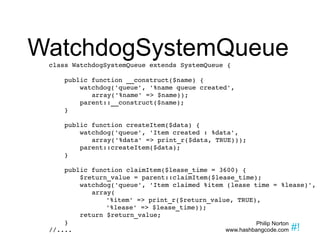 WatchdogSystemQueue class WatchdogSystemQueue extends SystemQueue { public function __construct($name) { watchdog('queue', '%name queue created',  array('%name' => $name)); parent::__construct($name); } public function createItem($data) { watchdog('queue', 'Item created : %data',  array('%data' => print_r($data, TRUE))); parent::createItem($data); } public function claimItem($lease_time = 3600) { $return_value = parent::claimItem($lease_time); watchdog('queue', 'Item claimed %item (lease time = %lease)',  array( '%item' => print_r($return_value, TRUE), '%lease' => $lease_time));  return $return_value; } //.... 