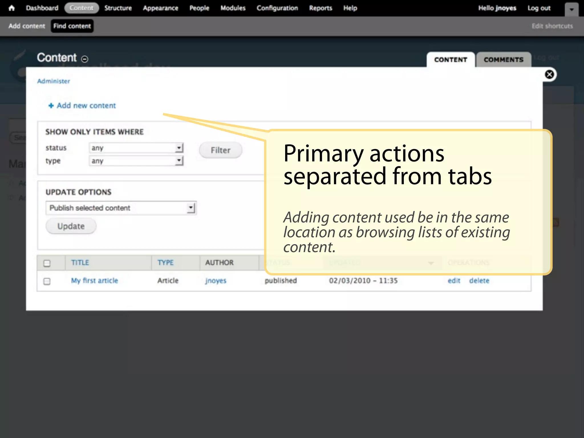 Primary actions
separated from tabs
Adding content used be in the same
location as browsing lists of existing
content.
 