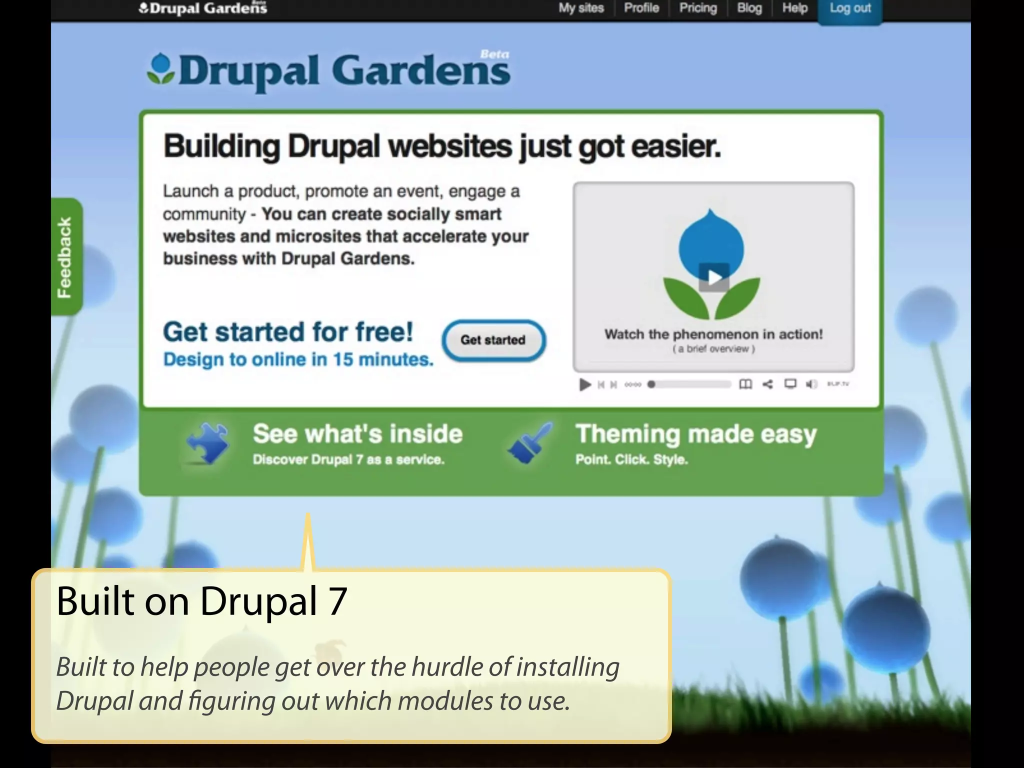 Built on Drupal 7
Built to help people get over the hurdle of installing
Drupal and ﬁguring out which modules to use.
 