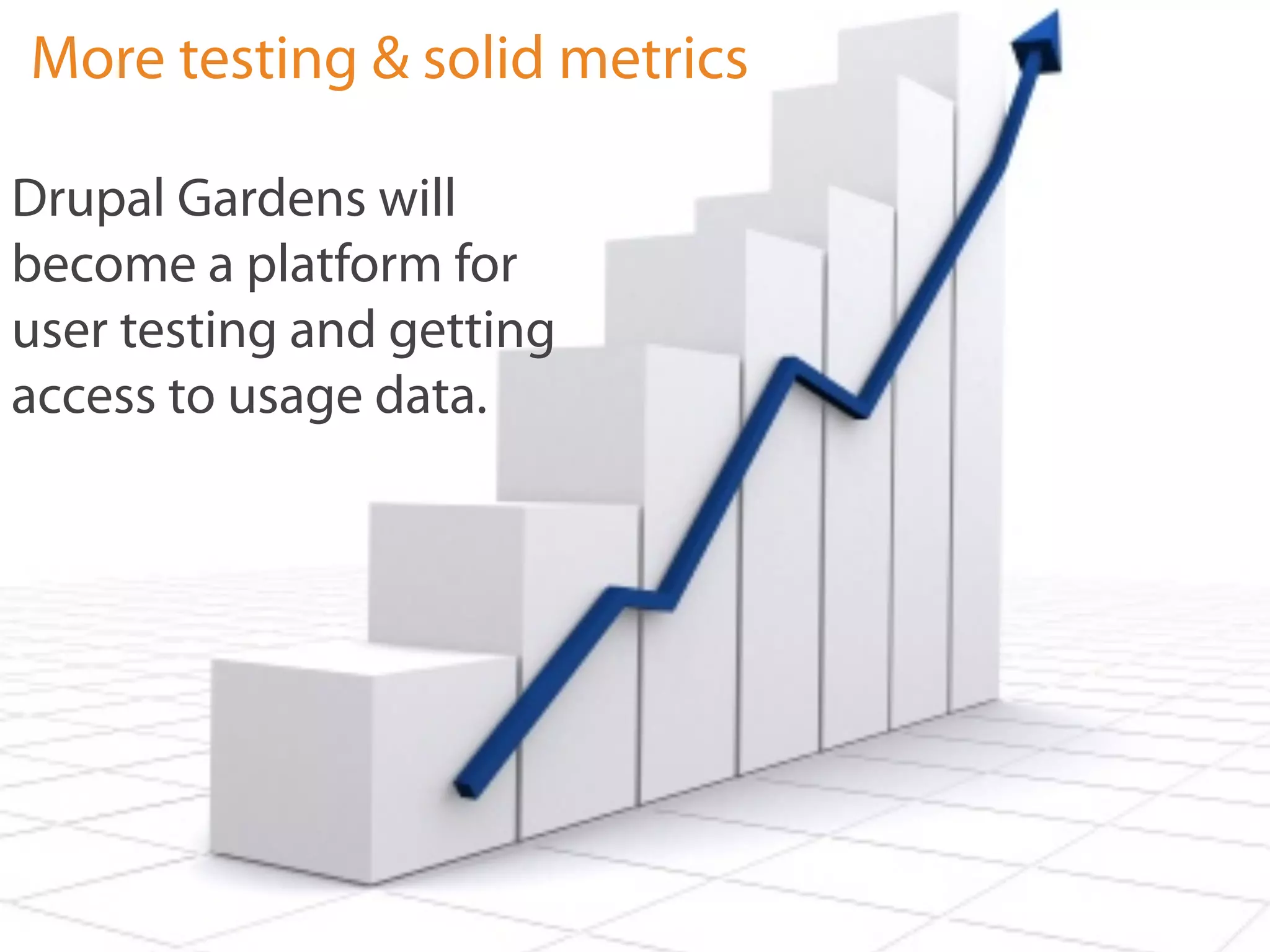 More testing & solid metrics

Drupal Gardens will
become a platform for
user testing and getting
access to usage data.
 