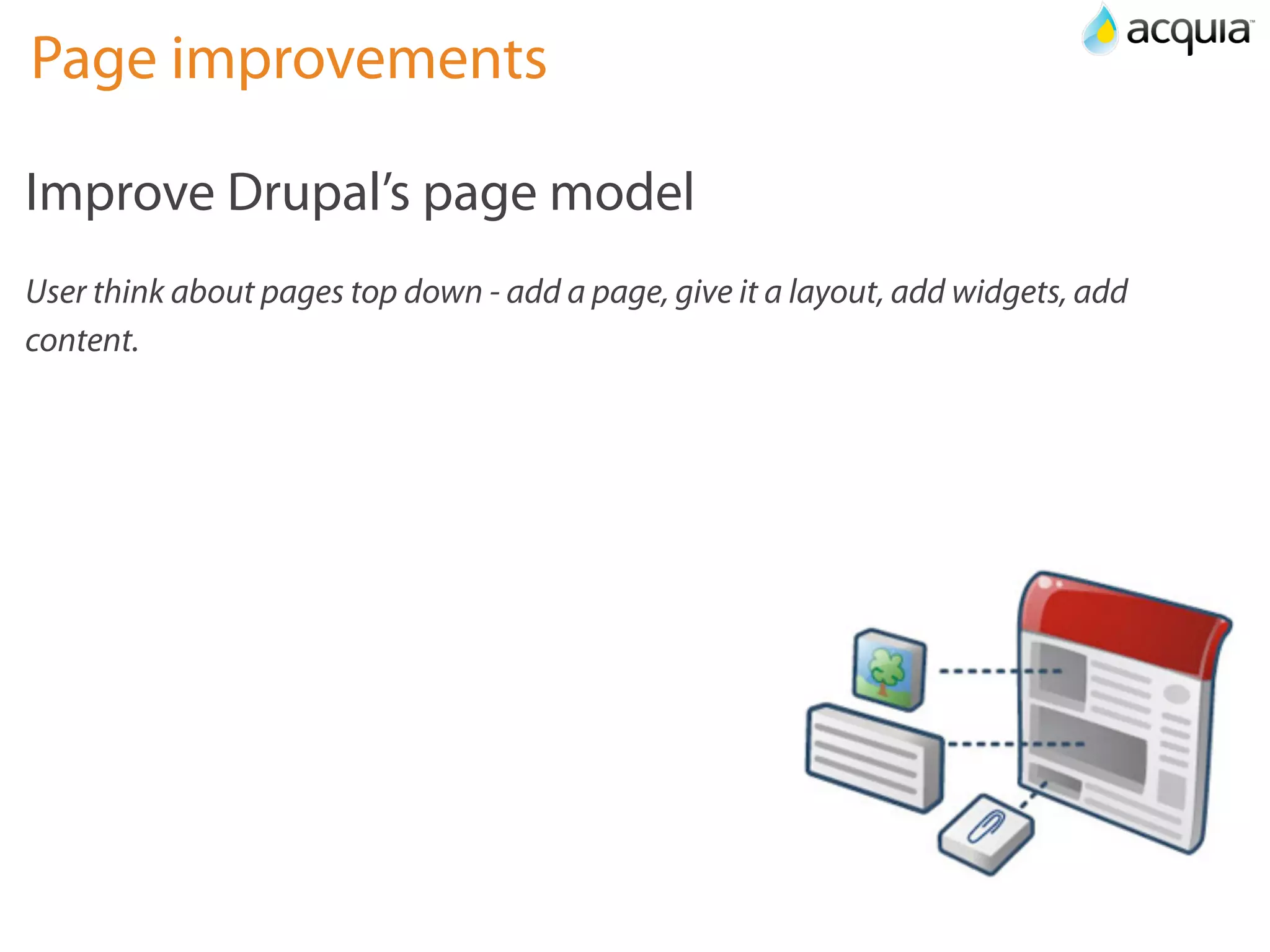 Page improvements

Improve Drupal’s page model
User think about pages top down - add a page, give it a layout, add widgets, add
content.
 