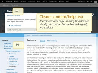 D7

     Clearer content/help text
     Rewrote/removed copy – making Drupal more
     friendly and concise. Focused on making help
     more helpful.




D6
 