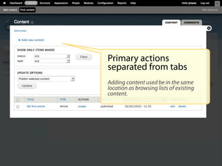 Primary actions
separated from tabs
Adding content used be in the same
location as browsing lists of existing
content.
 