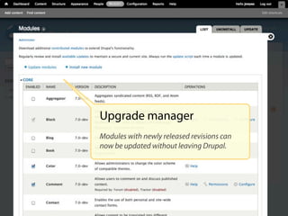 Upgrade manager
Modules with newly released revisions can
now be updated without leaving Drupal.
 