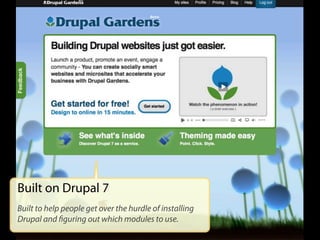 Built on Drupal 7
Built to help people get over the hurdle of installing
Drupal and ﬁguring out which modules to use.
 