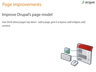 Page improvements

Improve Drupal’s page model
User think about pages top down - add a page, give it a layout, add widgets, add
content.
 
