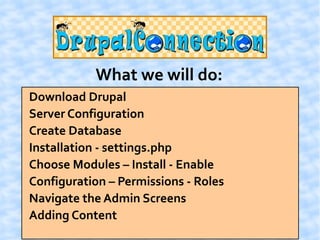 What we will do:
Download Drupal
Server Configuration
Create Database
Installation - settings.php
Choose Modules – Install - Enable
Configuration – Permissions - Roles
Navigate the Admin Screens
Adding Content
 