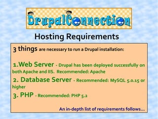 Hosting Requirements
3 things are necessary to run a Drupal installation:

1.Web Server - Drupal has been deployed successfully on
both Apache and IIS. Recommended: Apache
2. Database Server - Recommended: MySQL 5.0.15 or
higher
3. PHP - Recommended: PHP 5.2
                     An in-depth list of requirements follows...
 
