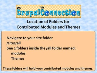 Location of Folders for
         Contributed Modules and Themes

  Navigate to your site folder
  /sites/all
  See 2 folders inside the /all folder named:
     modules
     Themes

These folders will hold your contributed modules and themes.
 