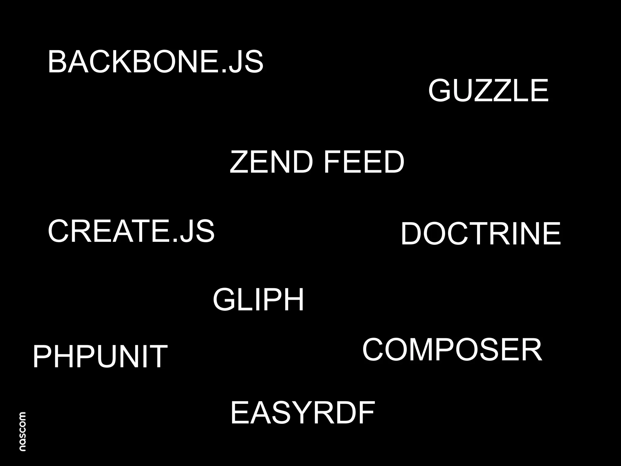 BACKBONE.JS

GUZZLE
ZEND FEED
CREATE.JS

DOCTRINE

GLIPH
PHPUNIT

COMPOSER
EASYRDF

 