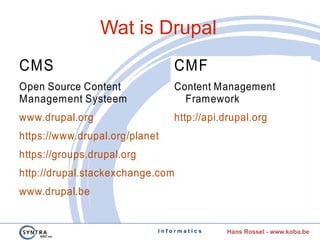 I n f o r m a t i c s Hans Rossel - www.koba.be
Wat is Drupal
CMF
Content Management
Framework
http://api.drupal.org
CMF
C...