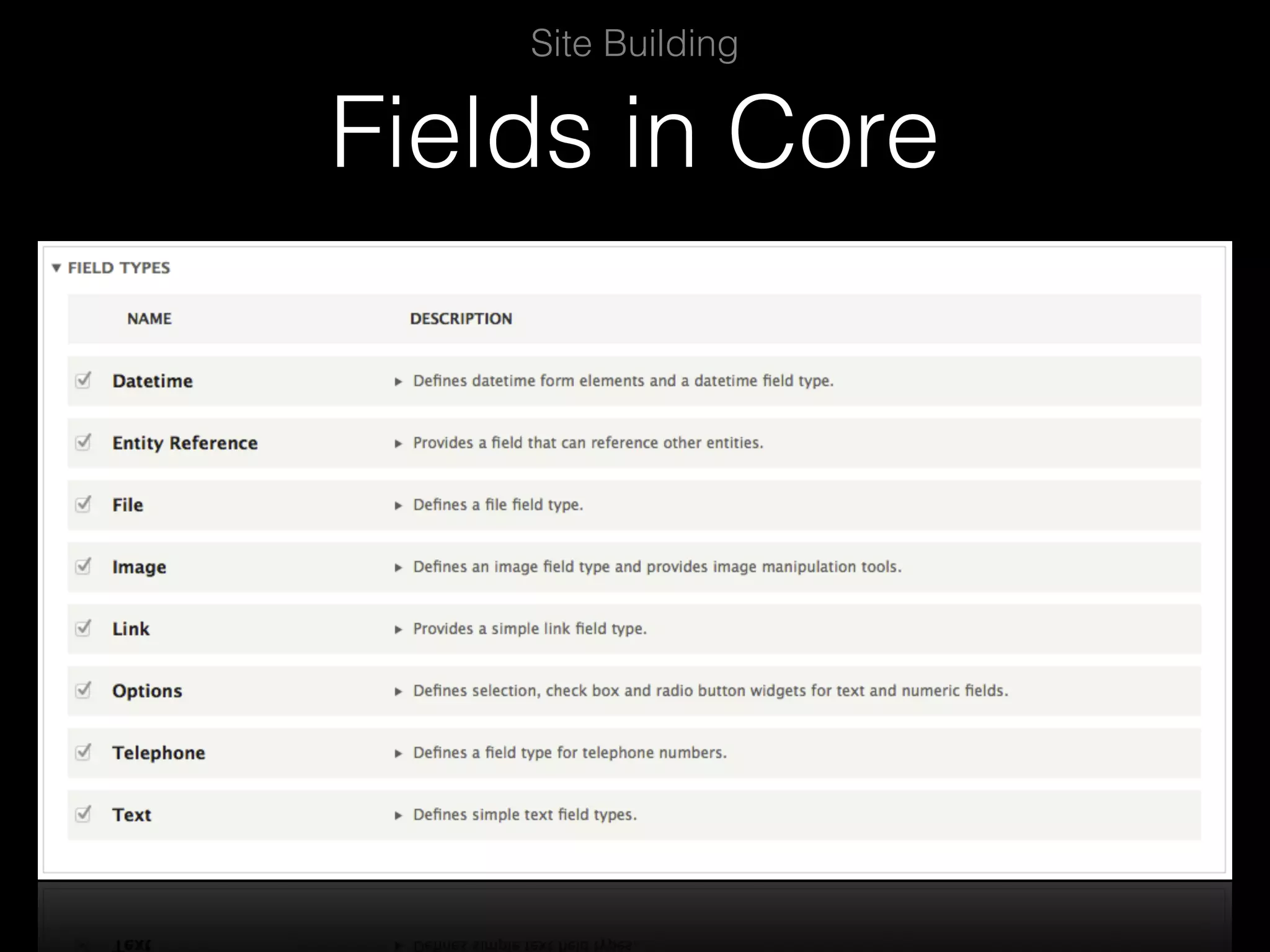Fields in Core Site Building 