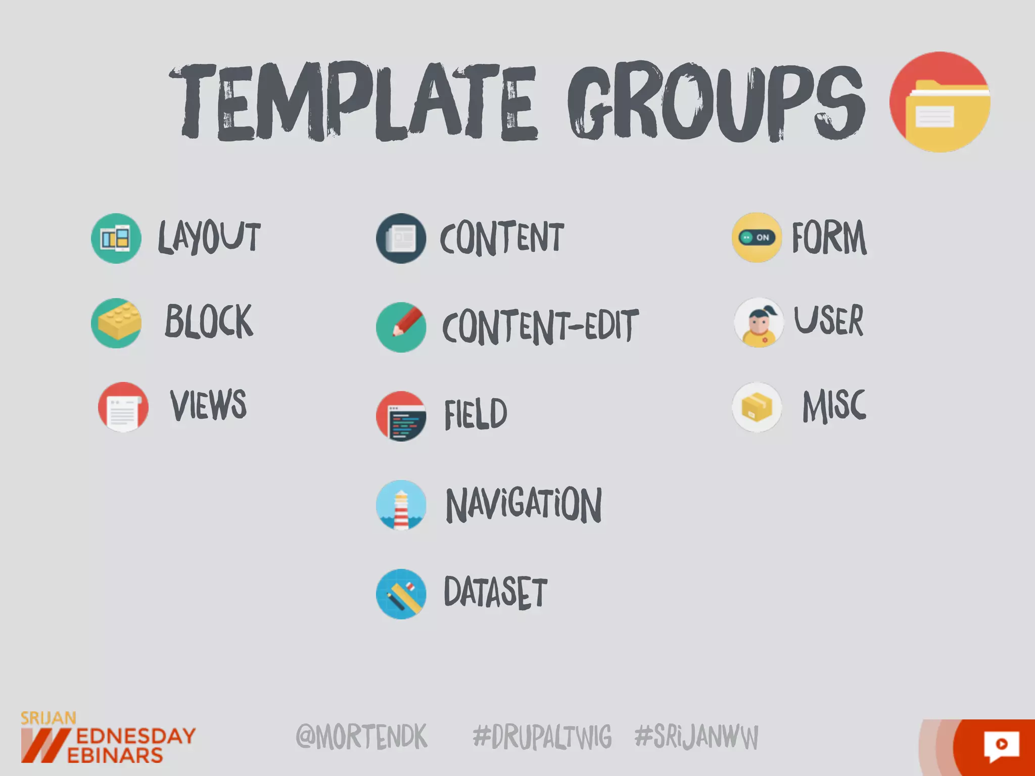 @moRtenDk #dRupaLTWIg #srijAnwW
tEmpLatE gRouPs
LAYoUT
FIElD
DATaSeT
VIEwS
BLOcK CONtENT-EDIt
CONtEnT
MISc
USEr
NAViGATiON
FORm
 