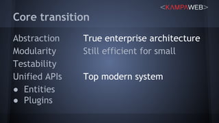 Core transition
True enterprise architecture
Still efficient for small
Top modern system
Abstraction
Modularity
Testability
Unified APIs
● Entities
● Plugins
 