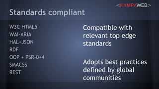 Standards compliant
W3C HTML5
WAI-ARIA
HAL+JSON
RDF
OOP + PSR-0+4
SMACSS
REST
Compatible with
relevant top edge
standards
Adopts best practices
defined by global
communities
 