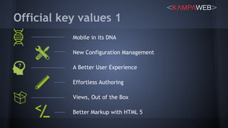 Official key values 1
Mobile in its DNA
New Configuration Management
A Better User Experience
Effortless Authoring
Views, Out of the Box
Better Markup with HTML 5
 