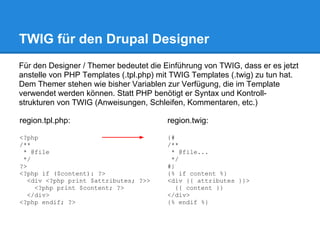 TWIG für den Drupal Designer
Für den Designer / Themer bedeutet die Einführung von TWIG, dass er es jetzt
anstelle von PHP Templates (.tpl.php) mit TWIG Templates (.twig) zu tun hat.
Dem Themer stehen wie bisher Variablen zur Verfügung, die im Template
verwendet werden können. Statt PHP benötigt er Syntax und Kontroll-
strukturen von TWIG (Anweisungen, Schleifen, Kommentaren, etc.)

region.tpl.php:                         region.twig:

<?php                                   {#
/**                                     /**
 * @file                                 * @file...
 */                                      */
?>                                      #}
<?php if ($content): ?>                 {% if content %}
  <div <?php print $attributes; ?>>     <div {{ attributes }}>
    <?php print $content; ?>               {{ content }}
  </div>                                </div>
<?php endif; ?>                         {% endif %}
 