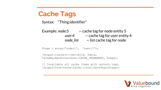 Syntax: “Thing:identifier”
Example: node:5 -- cache tag for node entity 5
user:4 -- cache tag for user entity 4
node_list ...