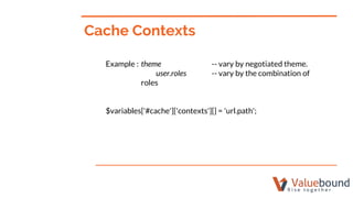Example : theme -- vary by negotiated theme.
user.roles -- vary by the combination of
roles
$variables['#cache']['contexts...