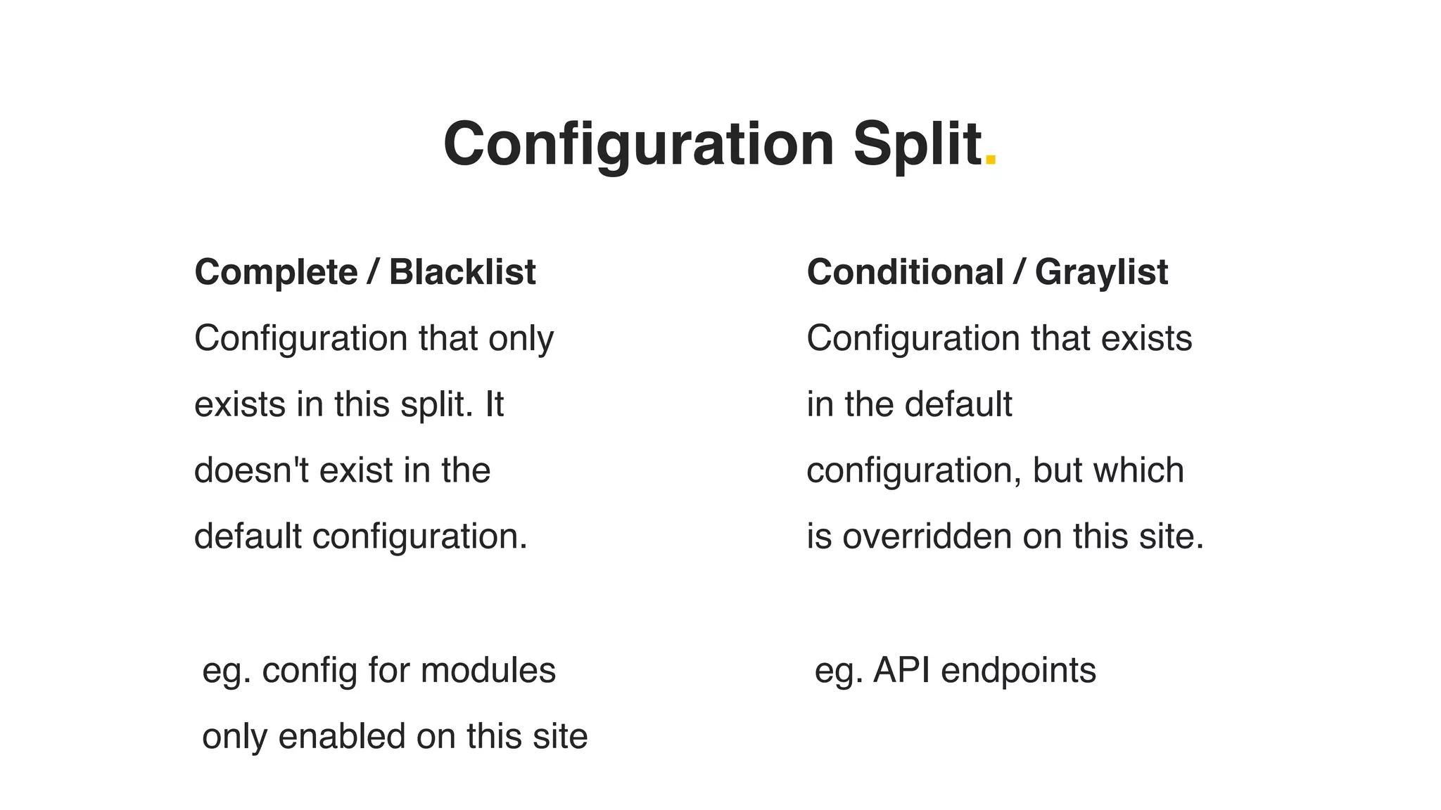 Configuration Split.
Complete / Blacklist
Configuration that only
exists in this split. It
doesn't exist in the
default configuration.
Conditional / Graylist
Configuration that exists
in the default
configuration, but which
is overridden on this site.
eg. config for modules
only enabled on this site
eg. API endpoints
 